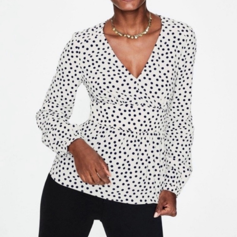 Boden Elsie Polka Dot Peplum Blouse Top Size 8 White Navy V-Neck Long Sleeve NEW